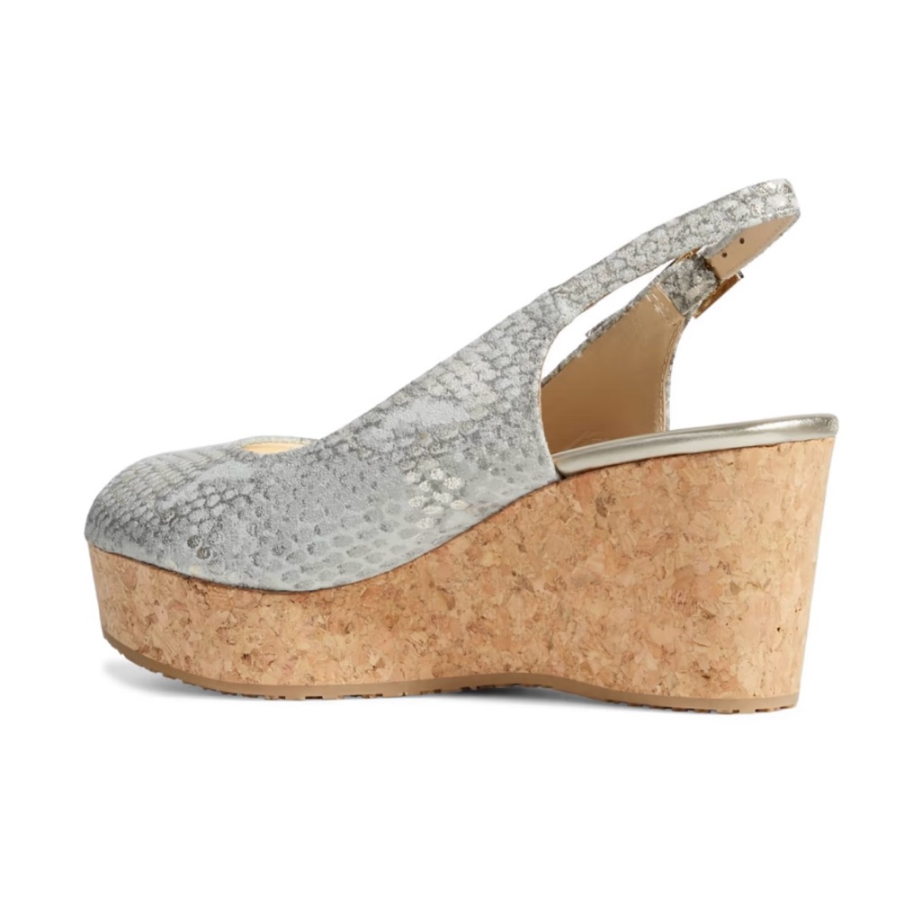 Jimmy Choo Praise Metallic Snake-Effect Suede Cork Wedge Sandals Sz 35.5 Nwt